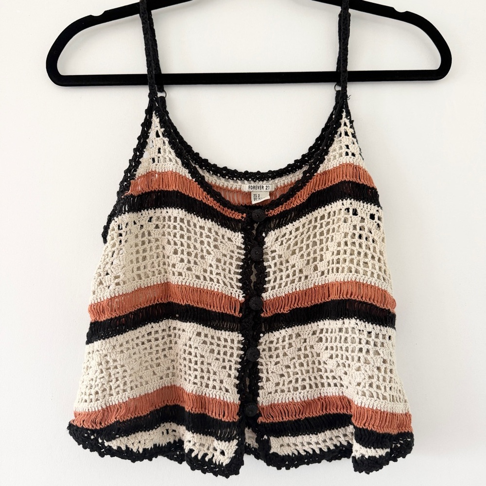 Forever 21 Cream Crochet Striped Button-Front Tank Top Small Adjustable Summer